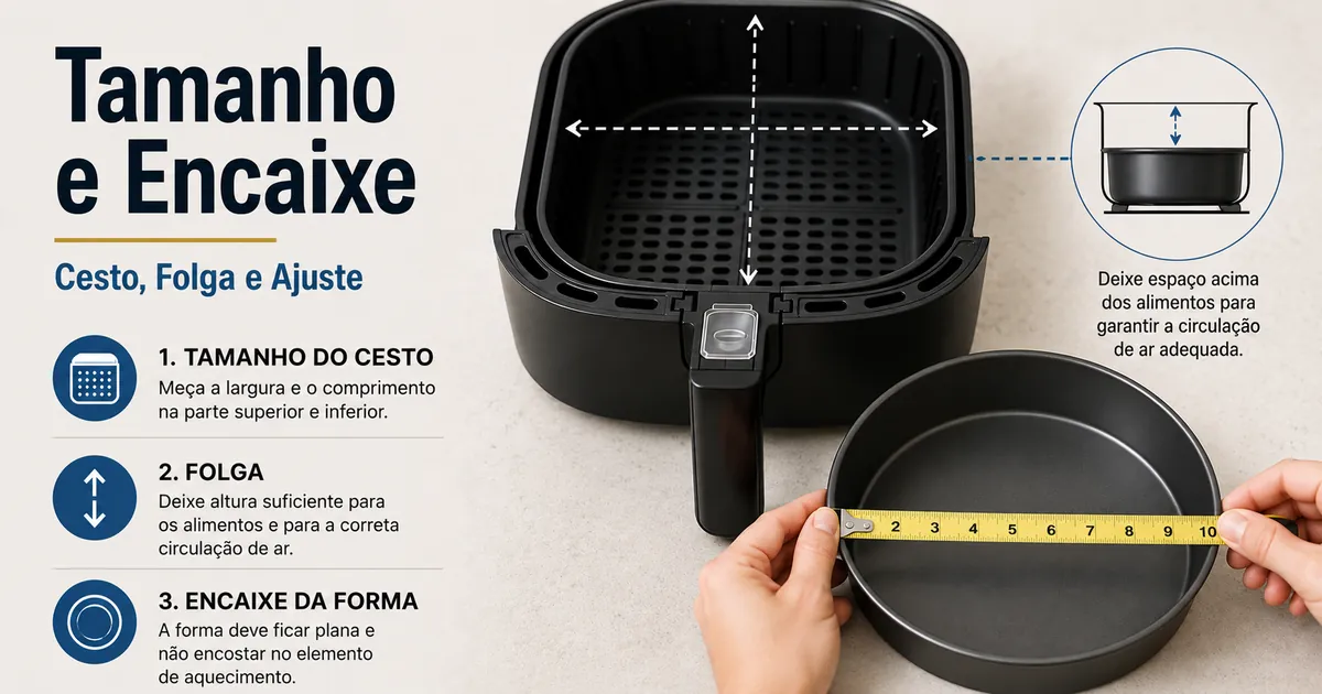 Forma para air fryer medida para verificar tamanho, folga e encaixe no cesto.