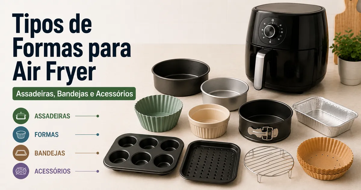 Tipos comuns de formas para air fryer, incluindo assadeiras, moldes, bandejas e acessórios.
