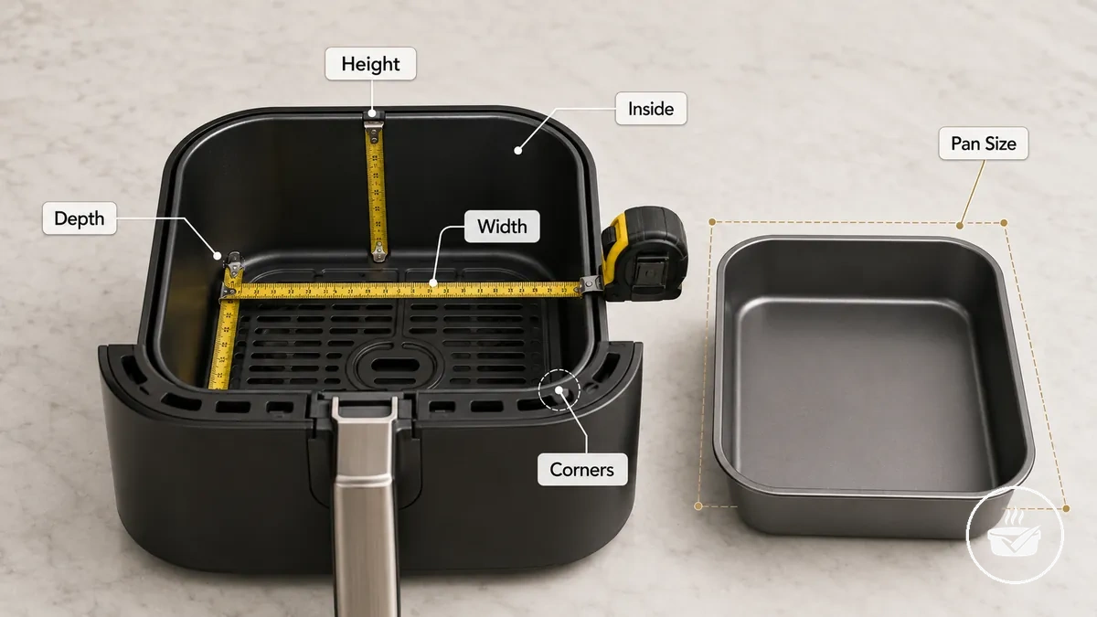 Air fryer sepetinin kullanılabilir iç kısmının tava boyutlandırması için ölçülmesi