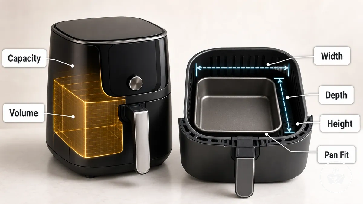 Air fryer kapasite etiketleri ve kullanılabilir sepet boyutları karşılaştırması