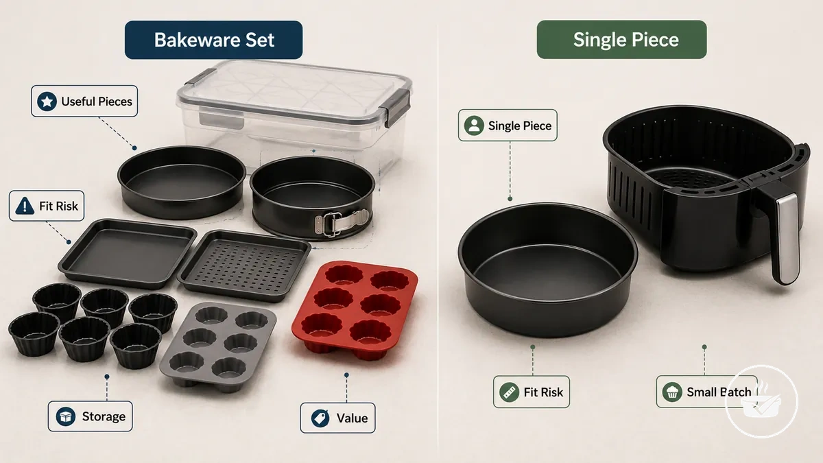 Bir air fryer pişirme kabı seti ile tek bir pişirme parçasının karşılaştırması