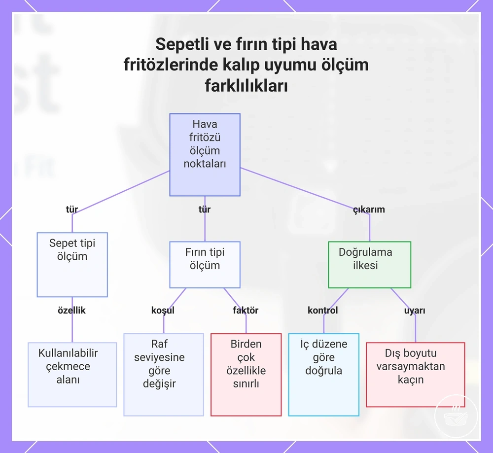 Sepetli ve fırın tipi hava fritözlerinde kalıp uyumu ölçüm farklılıkları