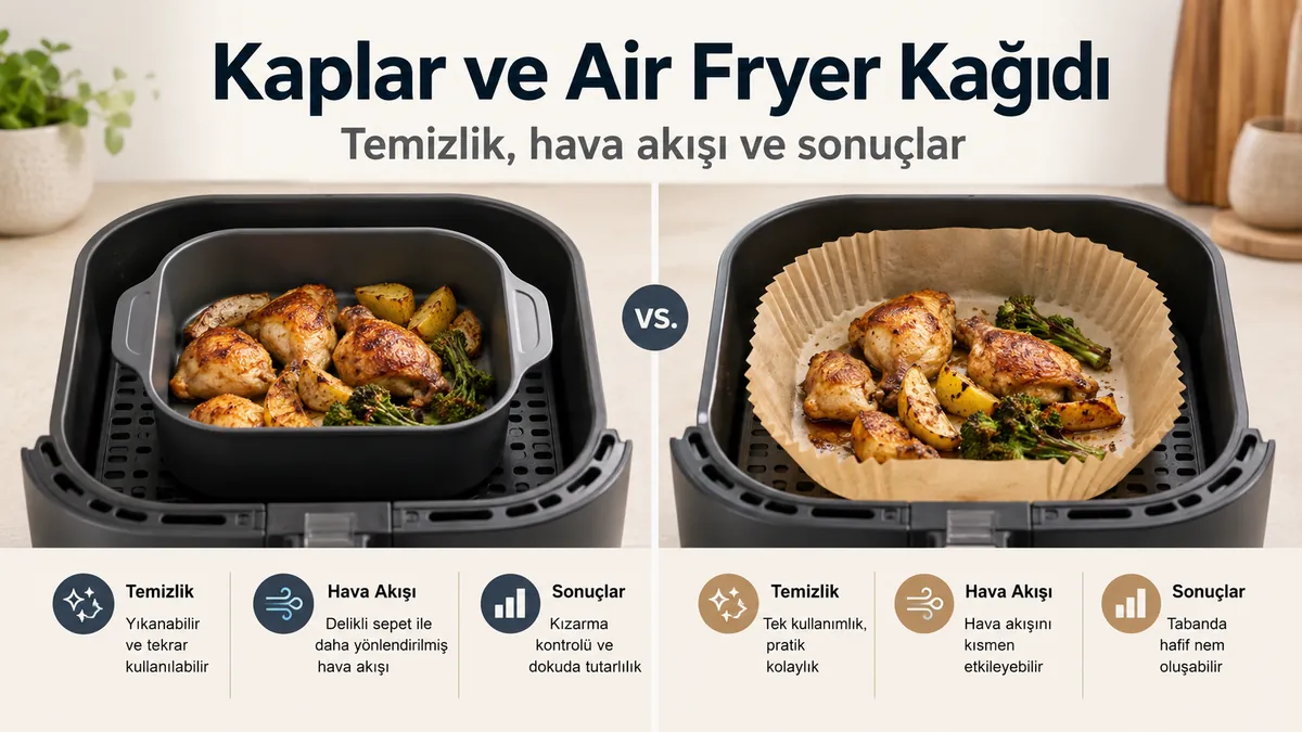 Air fryer pişirme kapları ve air fryer kağıdı temizlik, hava akışı ve pişirme sonucu açısından karşılaştırılıyor.