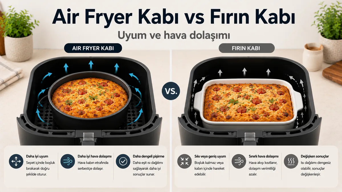 Air fryer pişirme kapları ve normal fırın kapları uyum ve hava dolaşımı açısından karşılaştırılıyor.