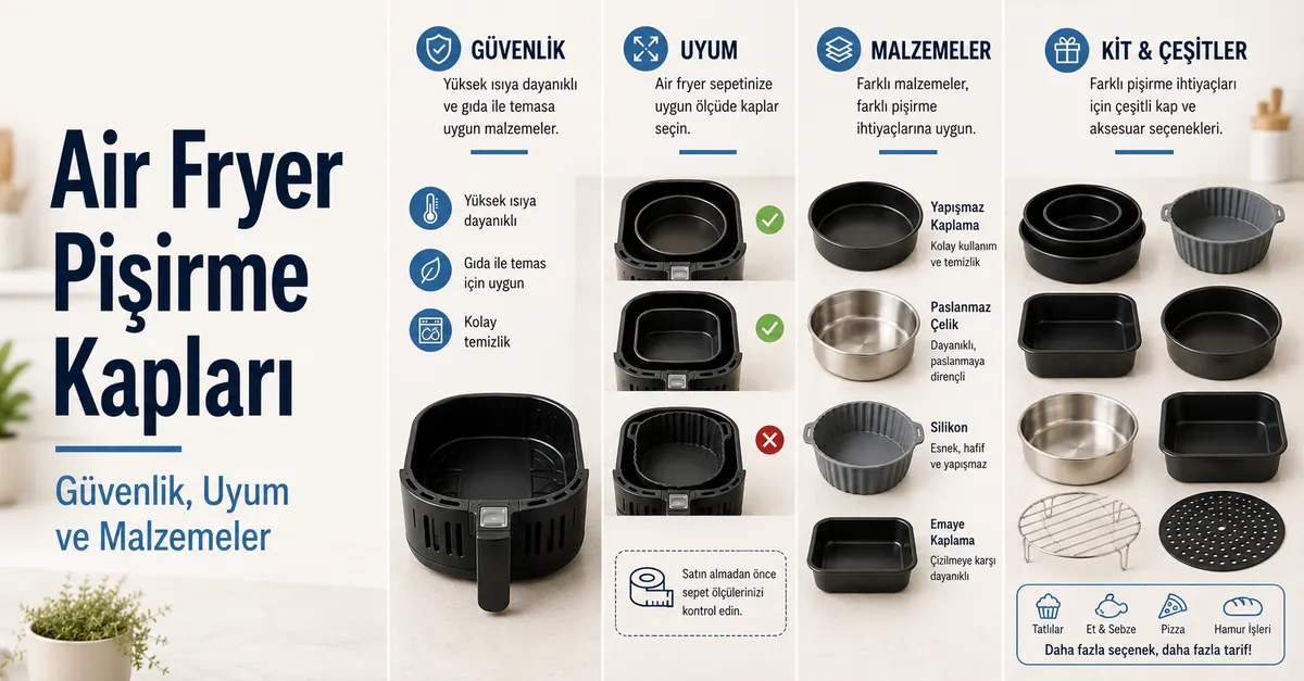 Air fryer için farklı pişirme kapları, tepsiler, kalıplar ve pişirme aksesuarları.