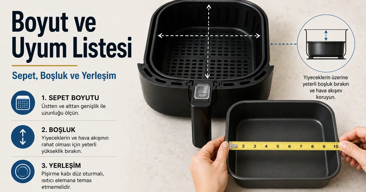 Air fryer sepetine sığması için ölçülen pişirme kabı, boşluk ve uyum kontrolü.