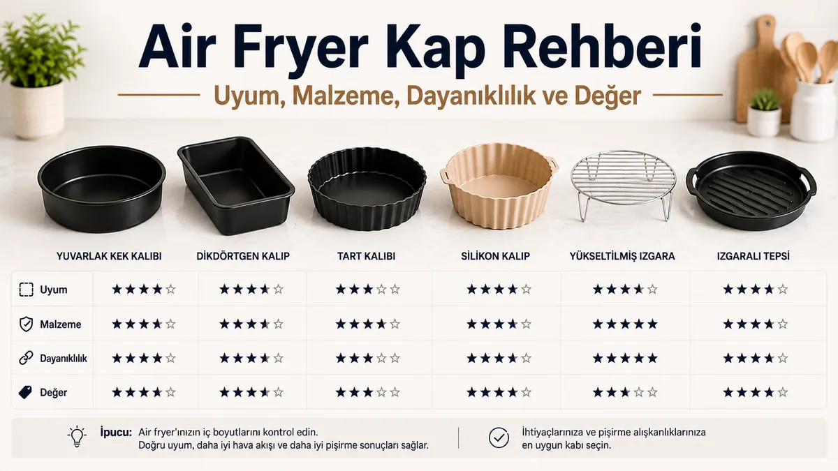 Air fryer pişirme kapları uyum, malzeme, dayanıklılık ve fiyat-performans açısından karşılaştırılıyor.