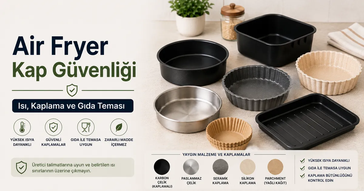 Mutfak tezgâhında air fryer kullanımına uygun ısıya dayanıklı ve kaplamalı pişirme parçaları.