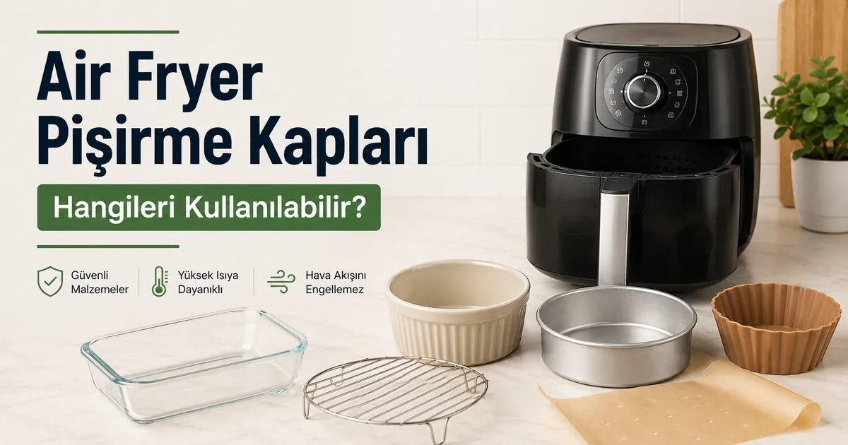 Sepet tipi air fryer yanında duran güvenli pişirme kabı seçenekleri.