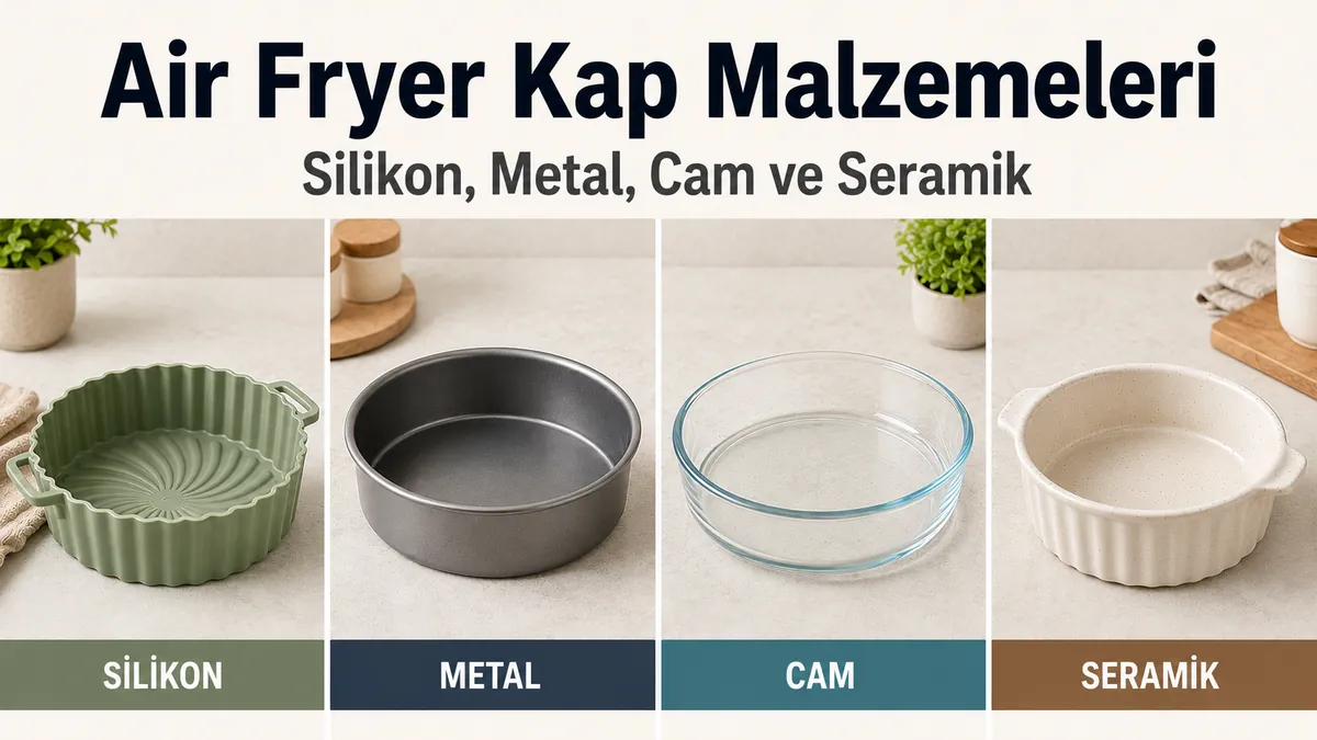 Bir arada gösterilen silikon, metal, cam ve seramik air fryer pişirme kapları.