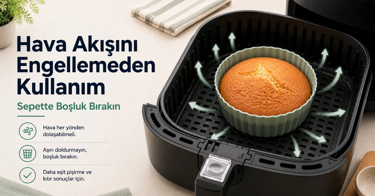Air fryer sepetinde hava akışı için boşluk bırakılarak yerleştirilmiş pişirme kabı.