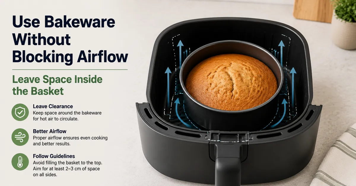 Air fryer pişirme kabı seçimi için kaplar, tepsiler ve güvenlik işaretleriyle kontrol listesi.