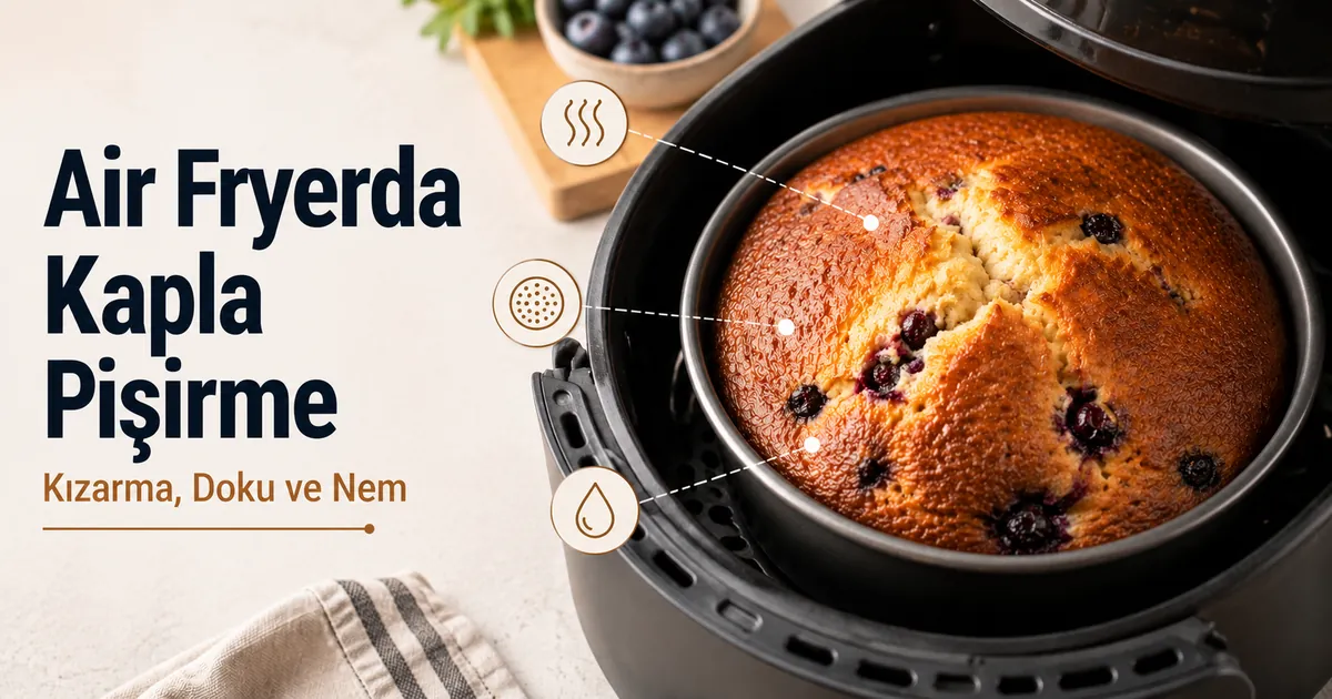 Air fryer pişirme kabında kızarma, doku ve nem belirtileriyle pişmiş yiyecek.
