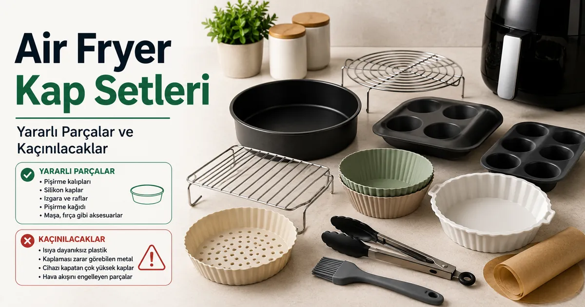 Air fryer pişirme kabı seti; kalıplar, kaplar, raflar ve yararlı aksesuarlarla birlikte.