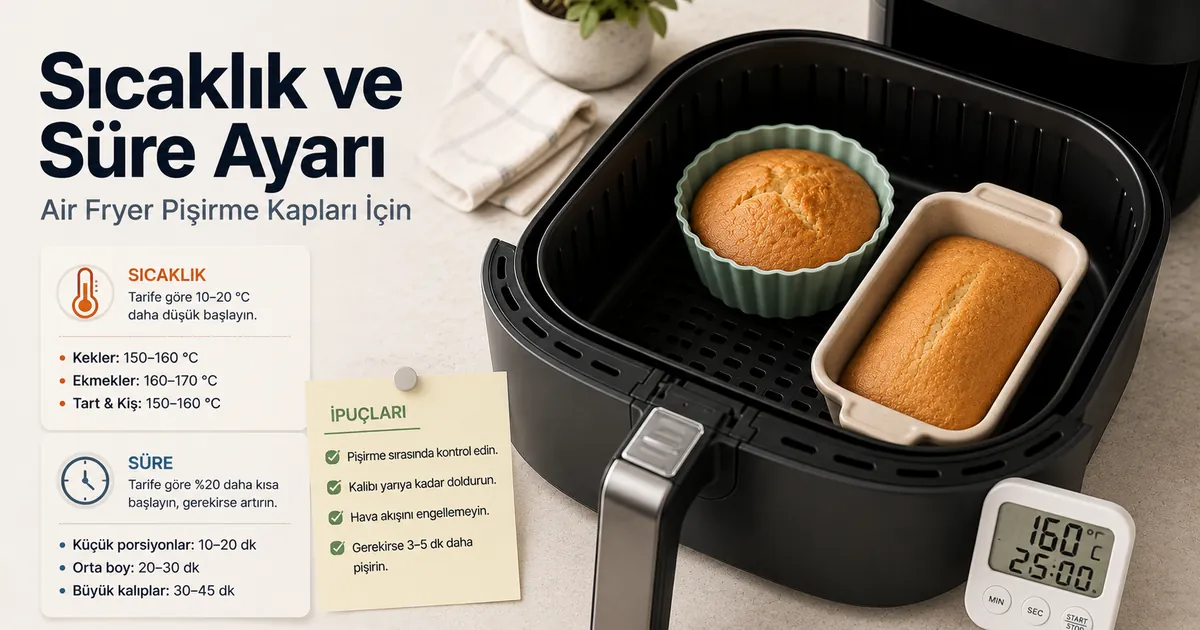 Pişirme için sıcaklık ve süre notlarıyla birlikte air fryer pişirme kabı.