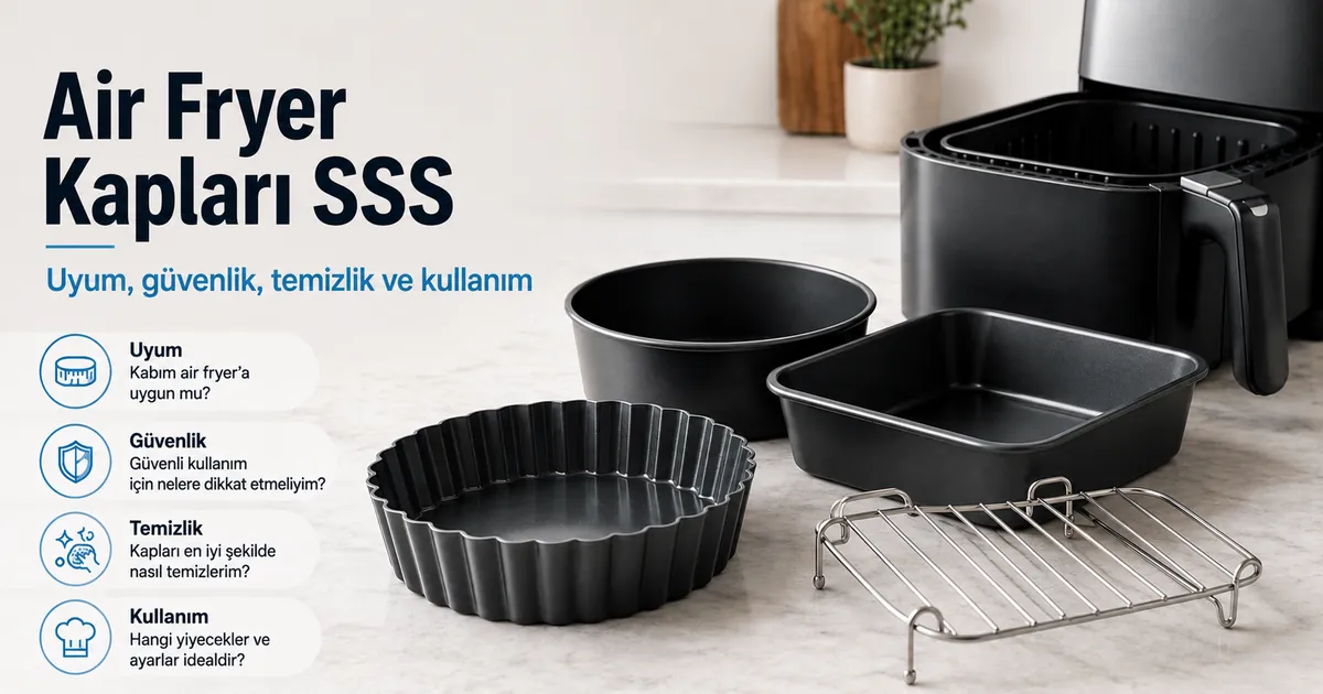 Air fryer pişirme kaplarıyla ilgili uyum, güvenlik, temizlik ve kullanım soruları.
