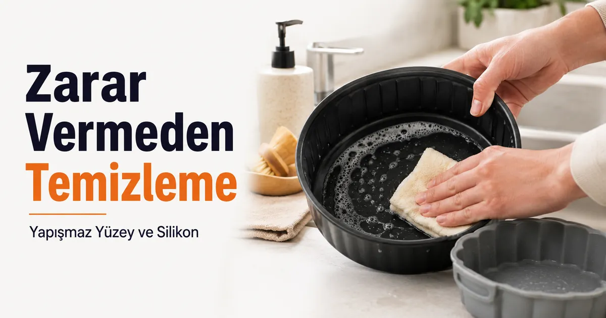 Yapışmaz veya silikon yüzeylere zarar vermeden temizlenen air fryer pişirme kapları.