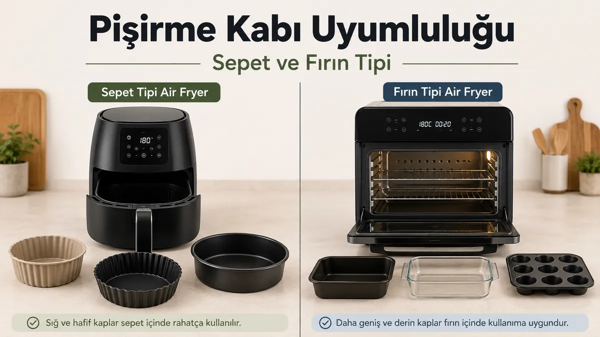 Sepet tipi ve fırın tipi air fryer modellerine uyan pişirme kabı örnekleri.