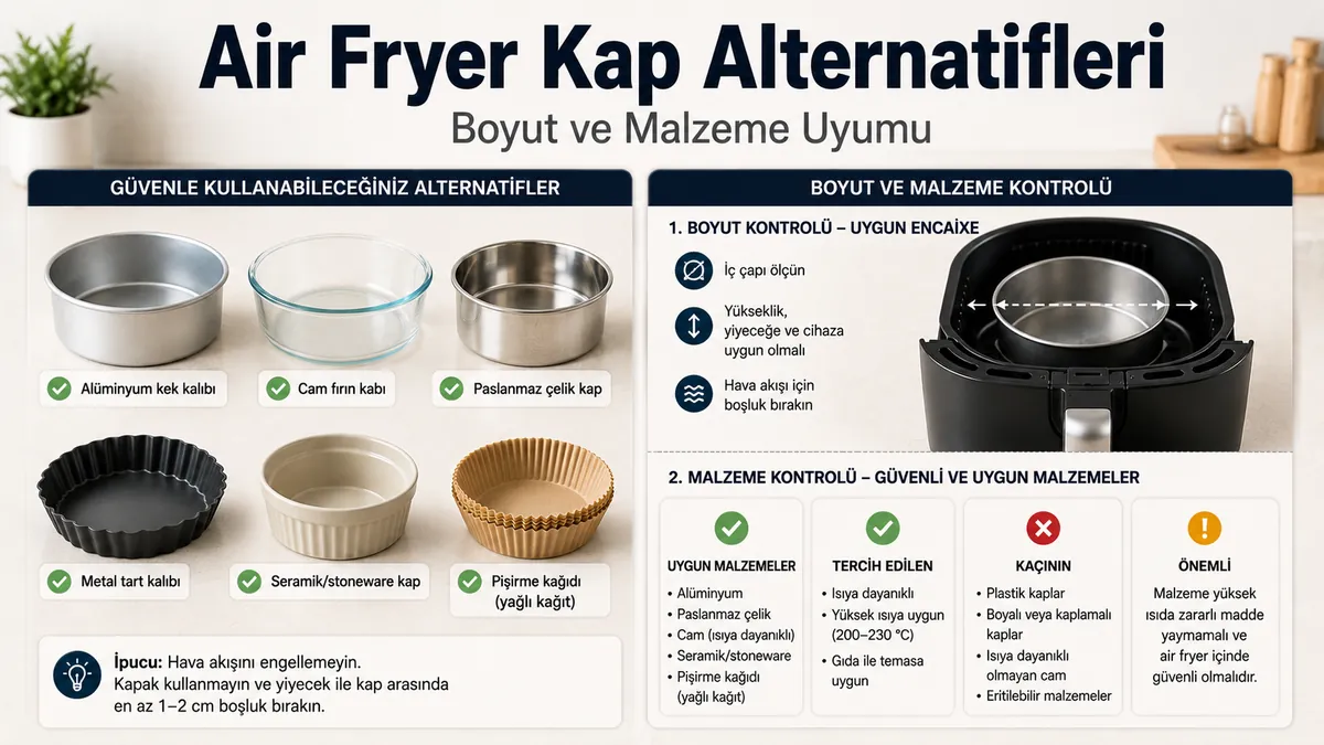 Air fryer pişirme kabı yerine kullanılabilecek güvenli seçenekler, boyut ve malzeme uyumu açısından kontrol ediliyor.